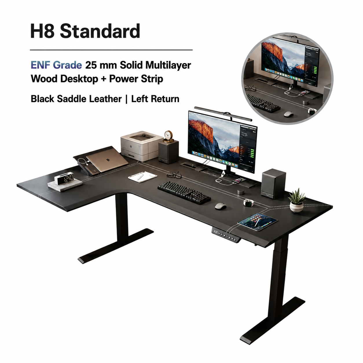 H8 standard black saddle leather L-shaped standing desk with left return