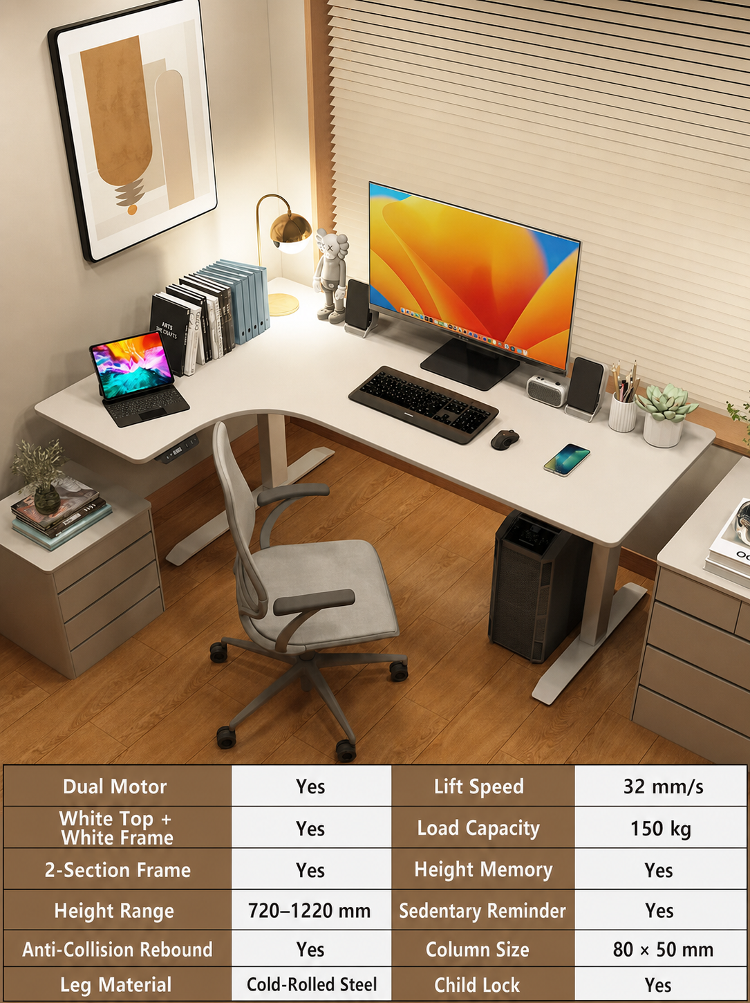 Electric L-Shaped Standing Desk with Left or Right Return - White Top / 140 x 110 cm (55.1 x 43.3 in) / Left Return