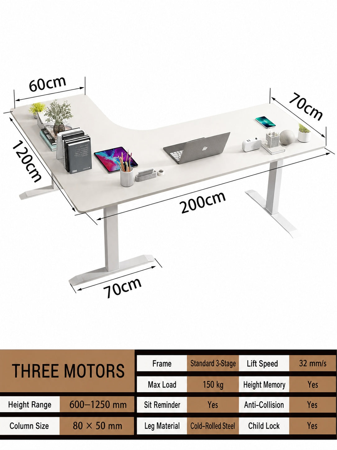 Three-Motor L-Shaped Electric Standing Desk with Left or Right Return - 200 x 120 cm (78.7 x 47.2 in) / Right Return / One-Piece Top