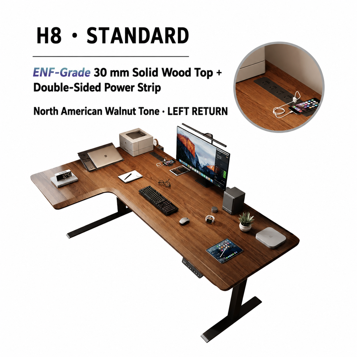 Standard solid wood L-shaped standing desk with left return
