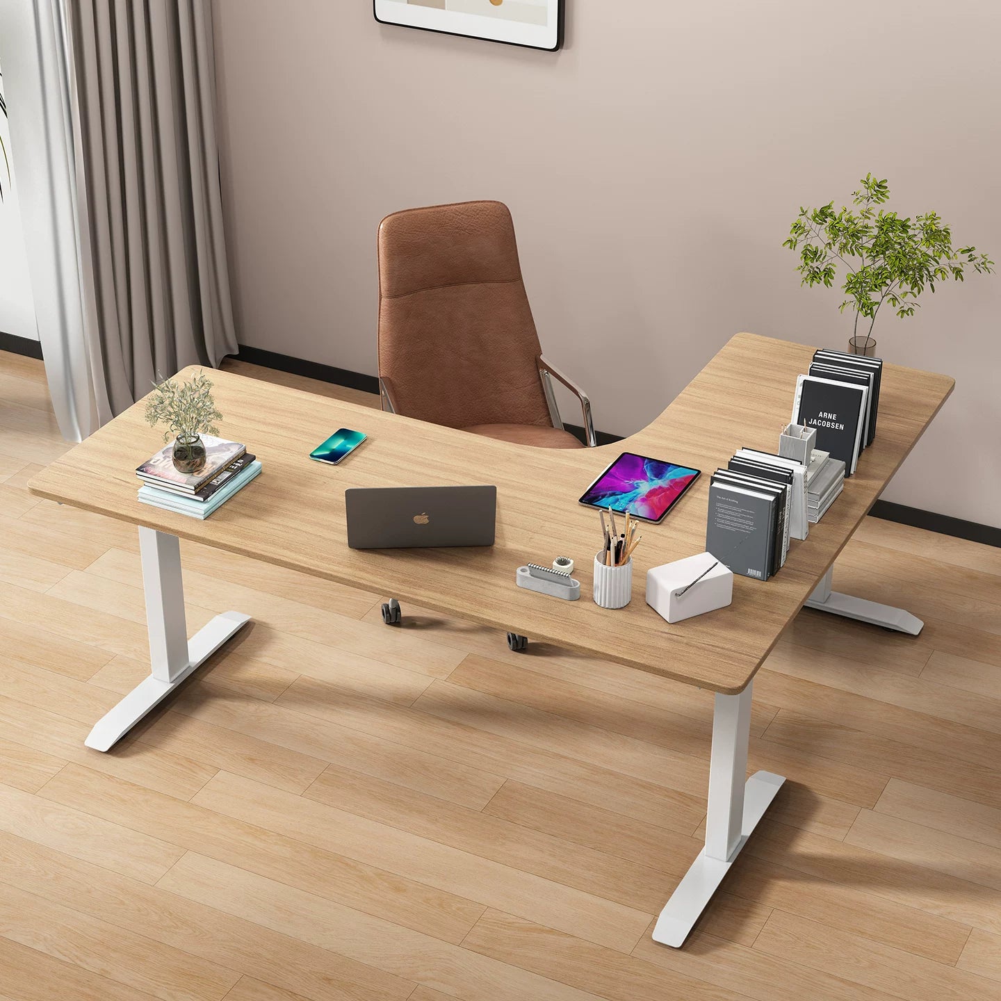 Light walnut 25 mm engineered top export-series triple-motor L-shaped desk