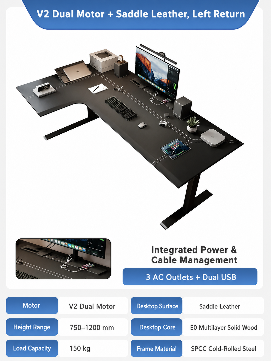 V2 saddle leather L-shaped standing desk left return