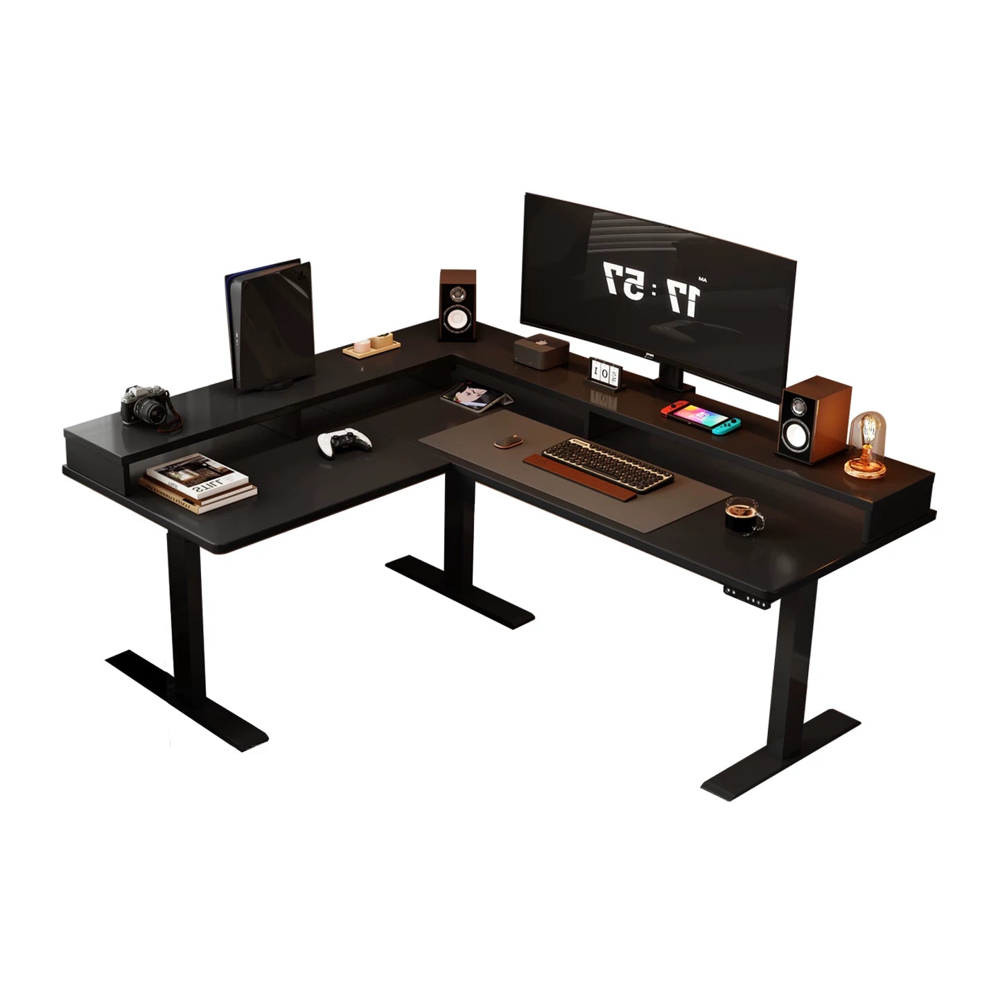 Black solid wood desk with shelf double drawers and power outlet left return