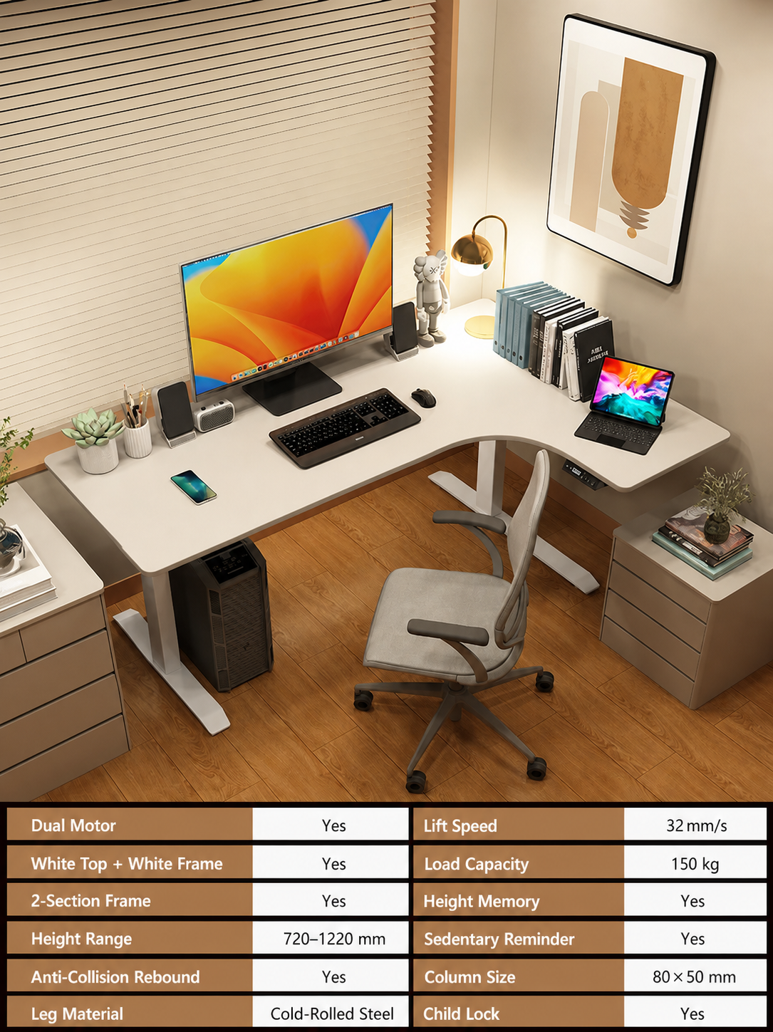 Electric L-Shaped Standing Desk with Left or Right Return - White Top / 140 x 110 cm (55.1 x 43.3 in) / Right Return