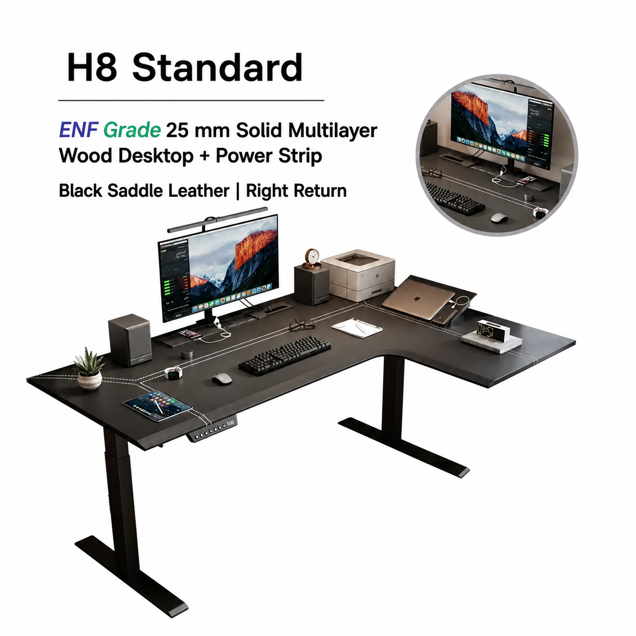 H8 standard black saddle leather L-shaped standing desk with right return