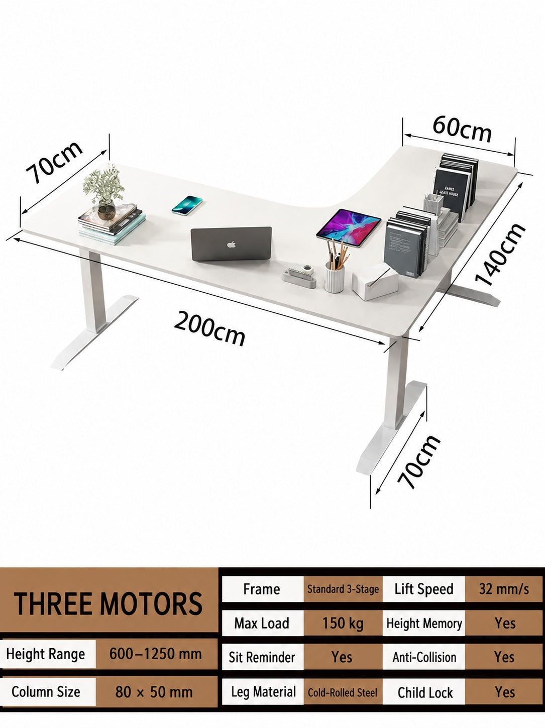 Three-Motor L-Shaped Electric Standing Desk with Left or Right Return - 200 x 140 cm (78.7 x 55.1 in) / Left Return / Joined Top