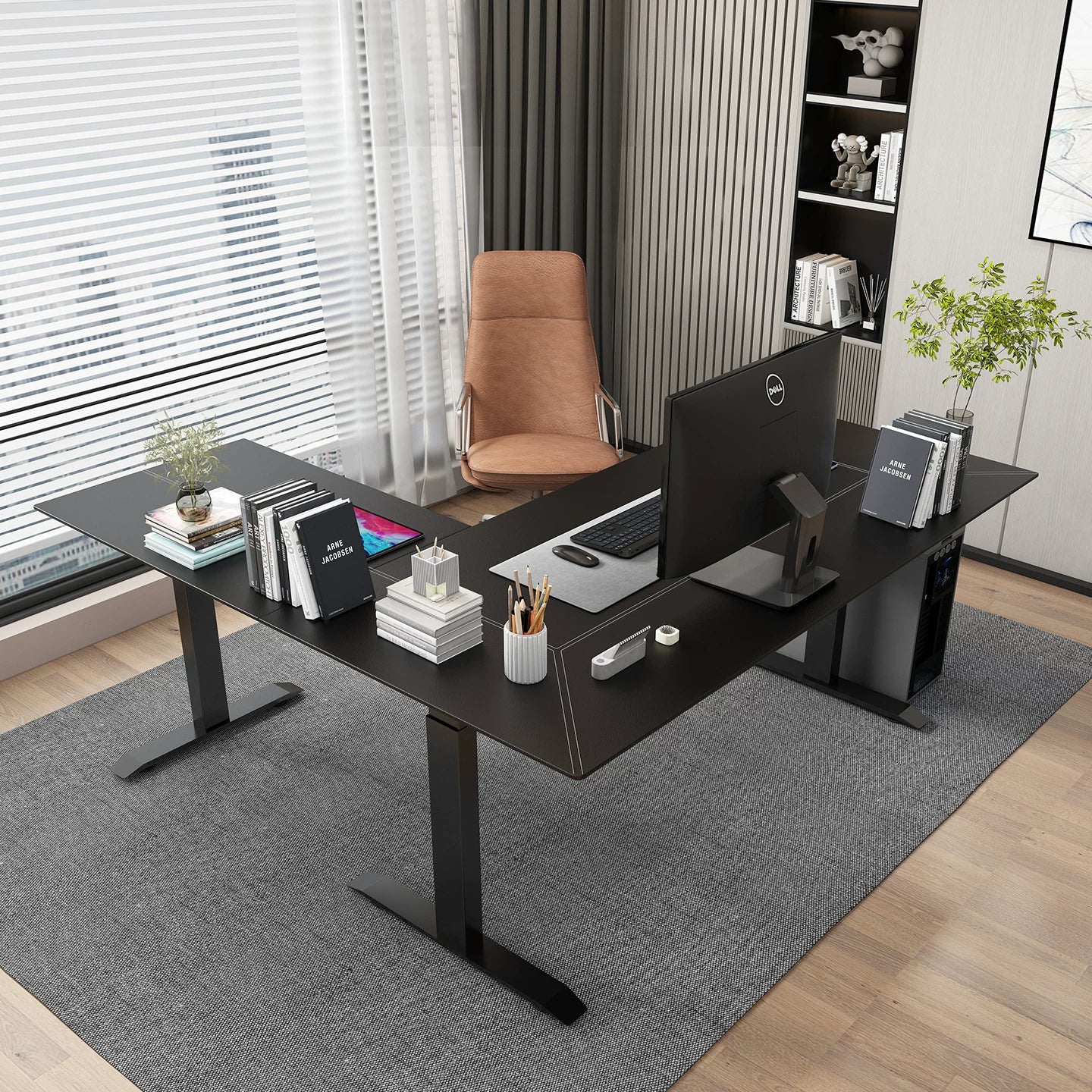 Saddle leather-finish 25 mm engineered top export-series triple-motor L-shaped desk