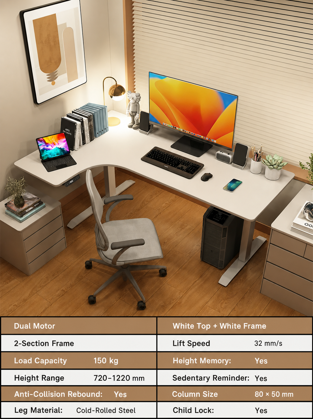 Electric L-Shaped Standing Desk with Left or Right Return - White Top / 160 x 110 cm (63.0 x 43.3 in) / Left Return