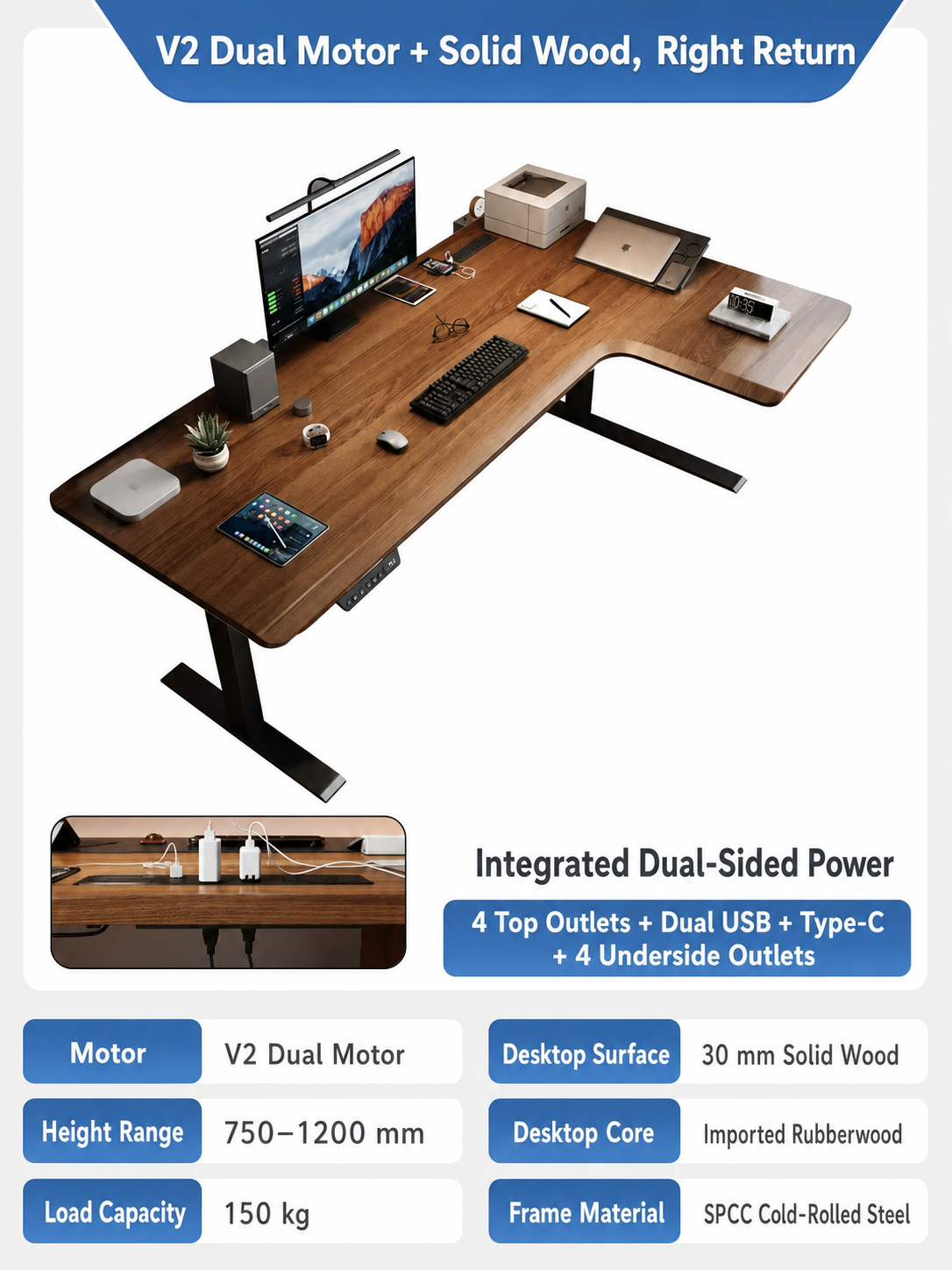 V2 solid wood L-shaped standing desk right return