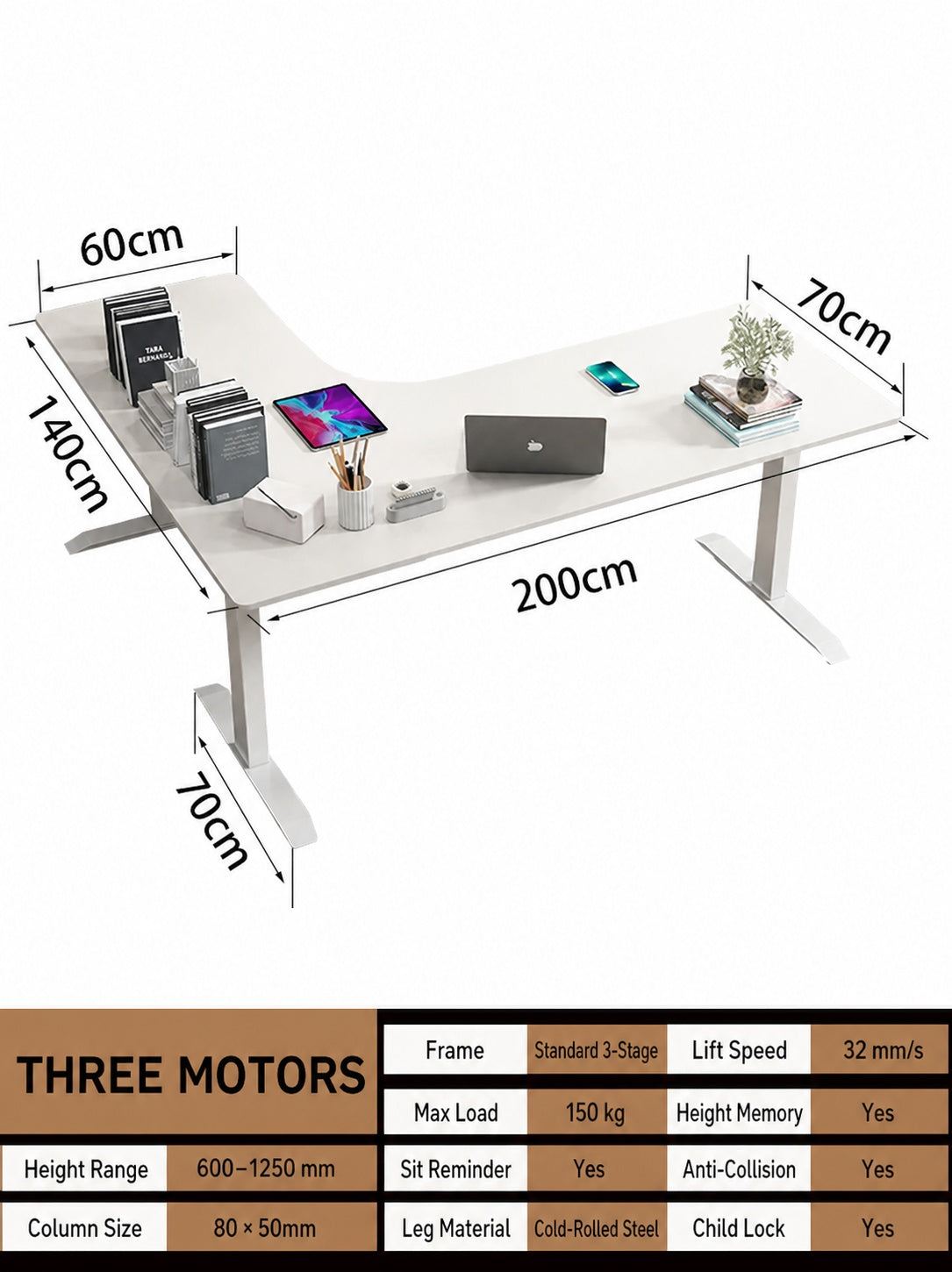 Three-Motor L-Shaped Electric Standing Desk with Left or Right Return - 200 x 140 cm (78.7 x 55.1 in) / Right Return / Joined Top