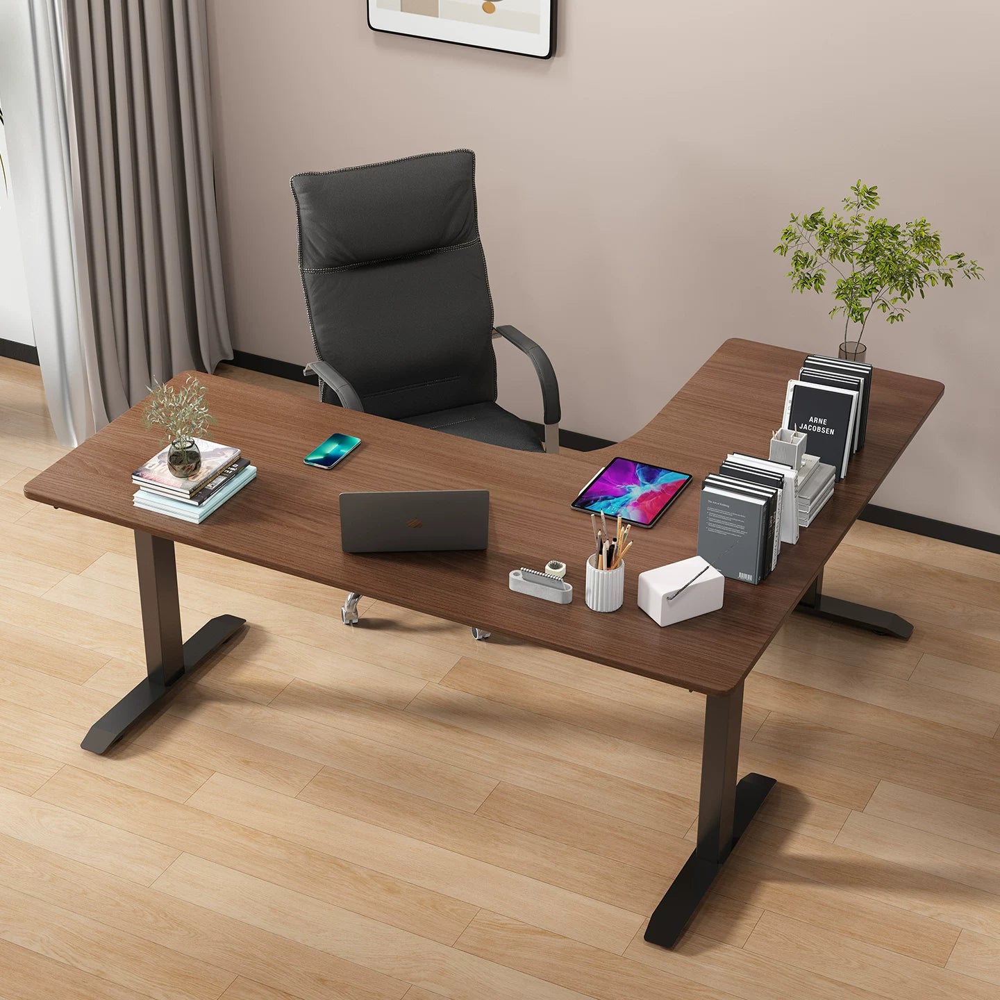 Walnut-finish 25 mm engineered top export-series triple-motor L-shaped desk
