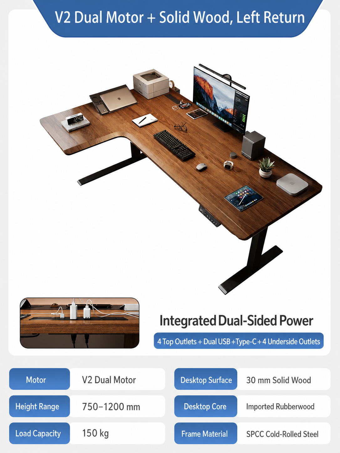 V2 solid wood L-shaped standing desk left return