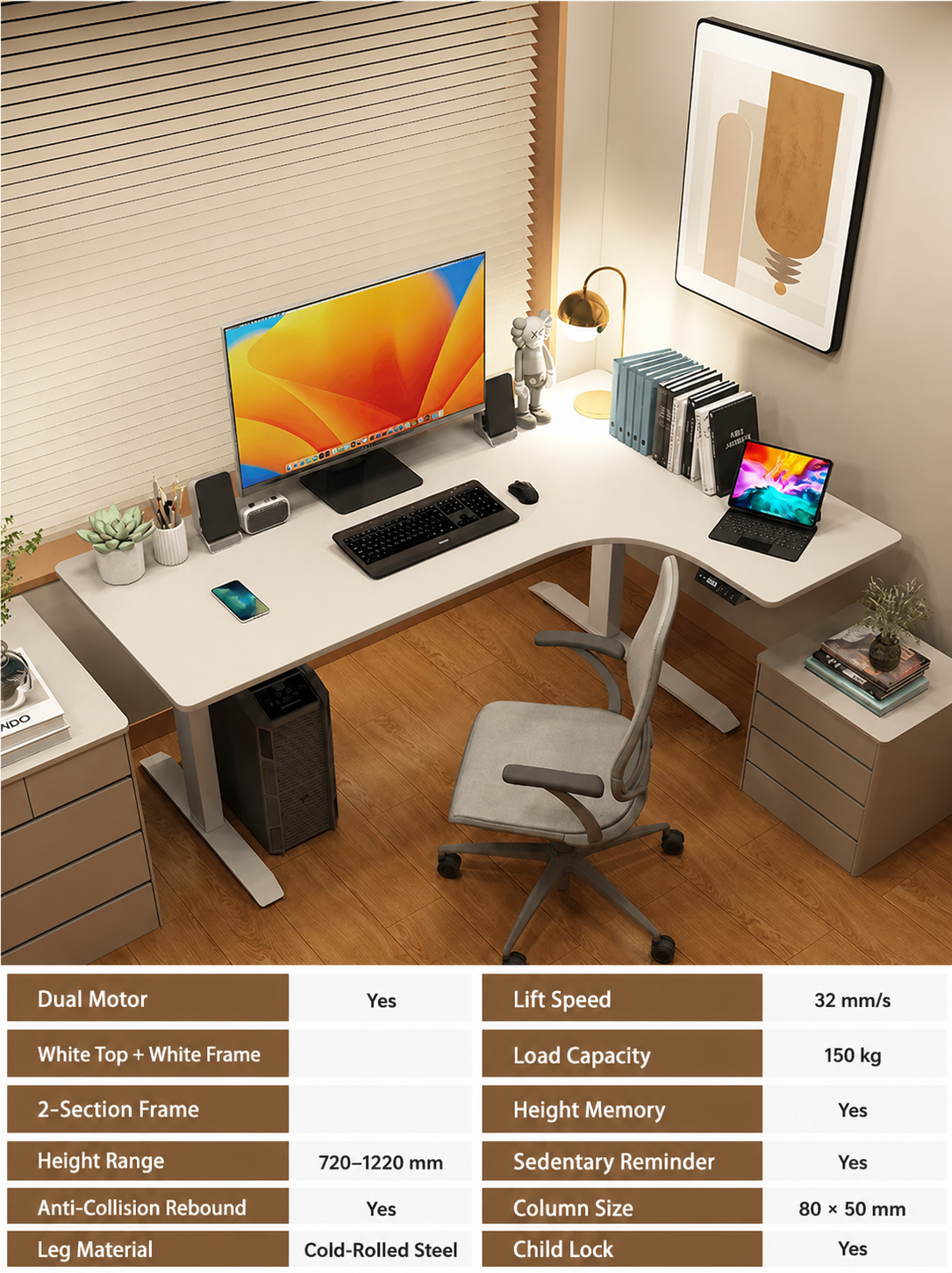 Electric L-Shaped Standing Desk with Left or Right Return - White Top / 160 x 110 cm (63.0 x 43.3 in) / Right Return