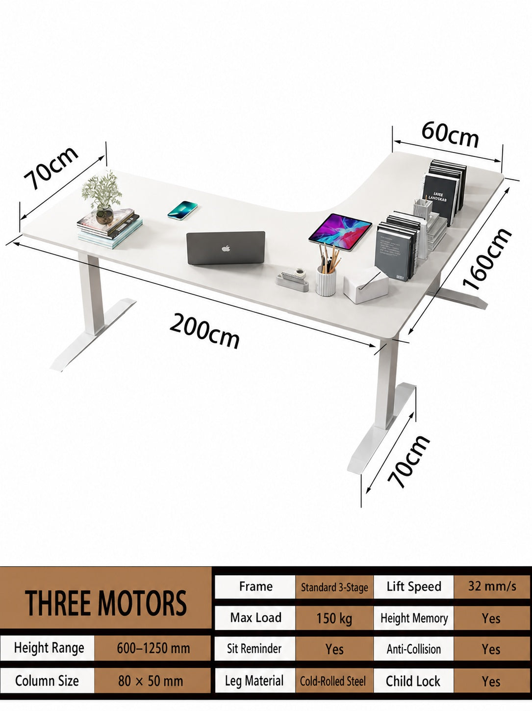 Three-Motor L-Shaped Electric Standing Desk with Left or Right Return - 200 x 160 cm (78.7 x 63.0 in) / Left Return / Joined Top