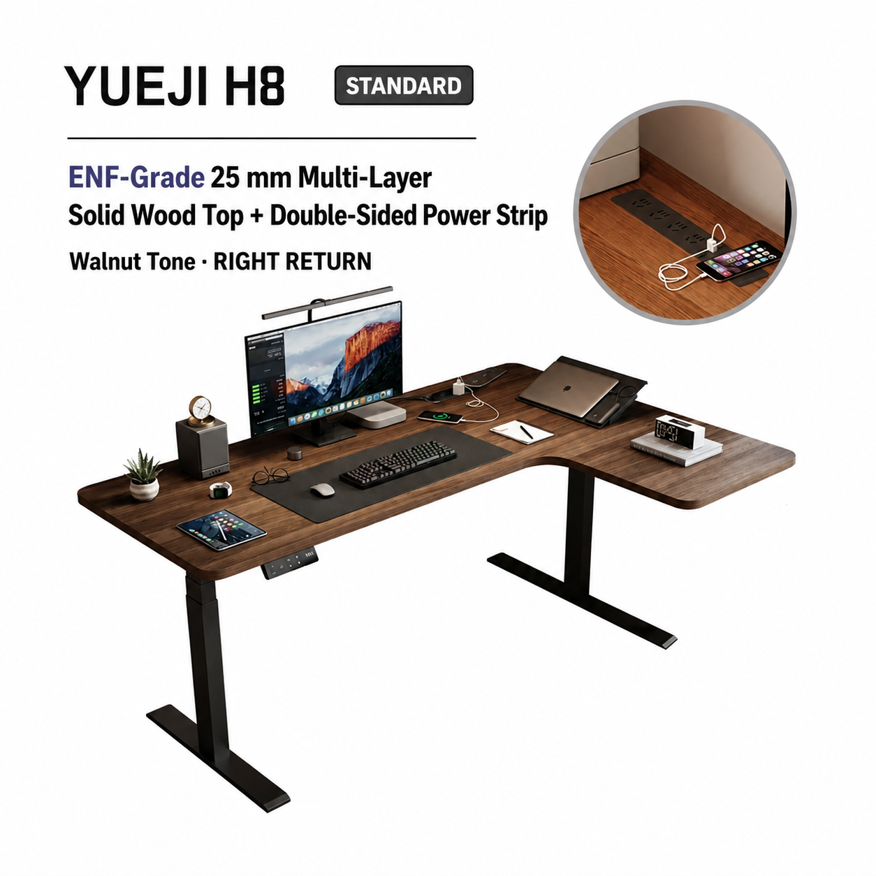 Standard walnut-tone L-shaped standing desk with right return