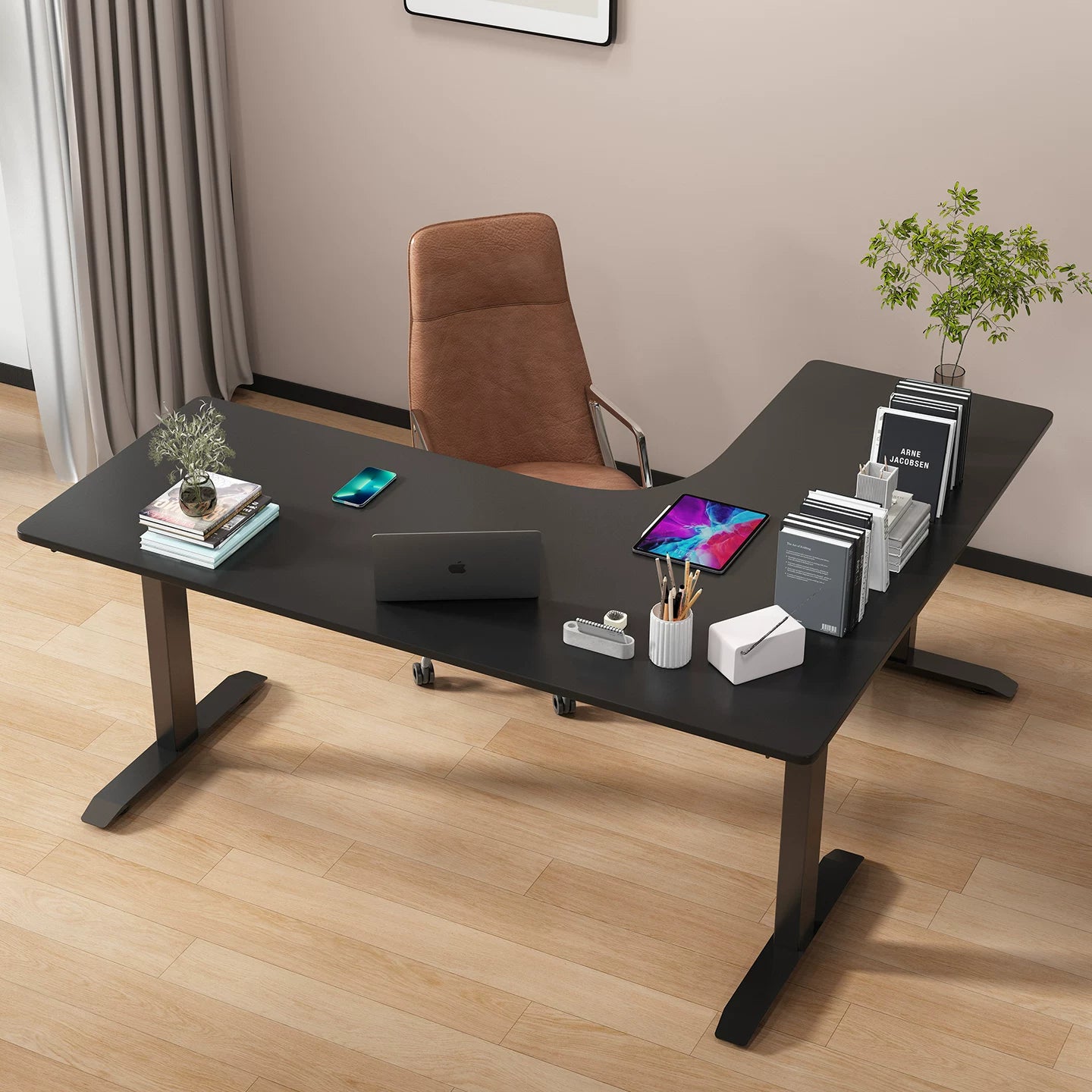Black 25 mm engineered top export-series triple-motor L-shaped desk