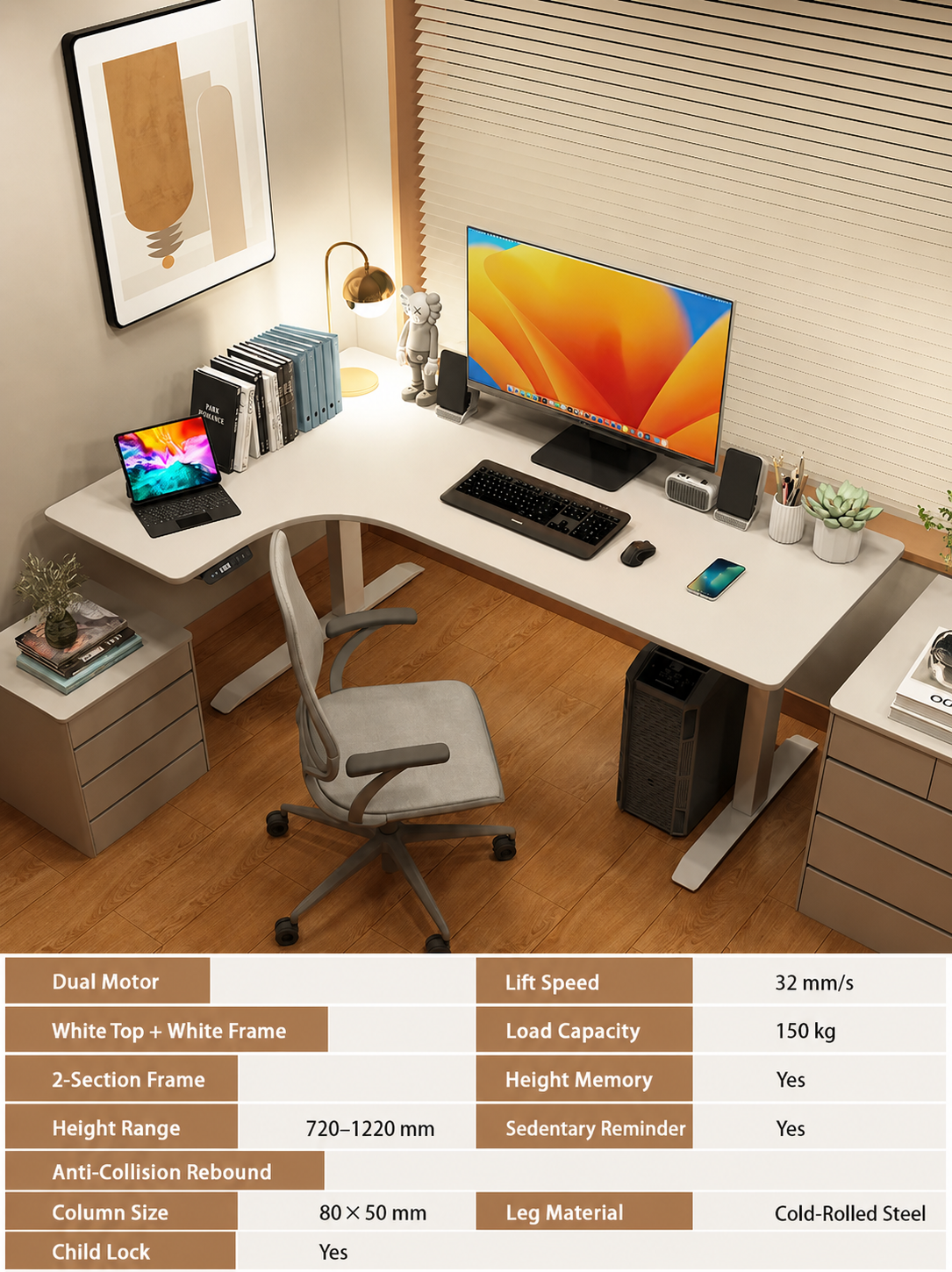 Electric L-Shaped Standing Desk with Left or Right Return - White Top / 180 x 110 cm (70.9 x 43.3 in) / Left Return