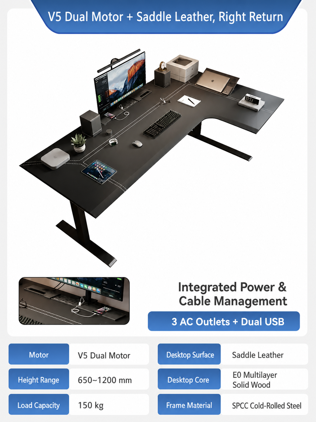 V5 saddle leather L-shaped standing desk right return