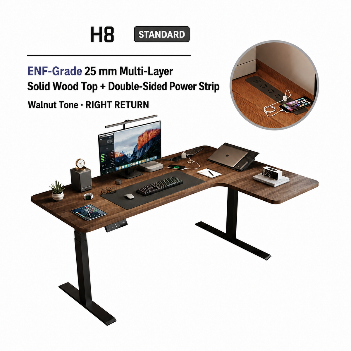 Standard walnut-tone L-shaped standing desk with right return