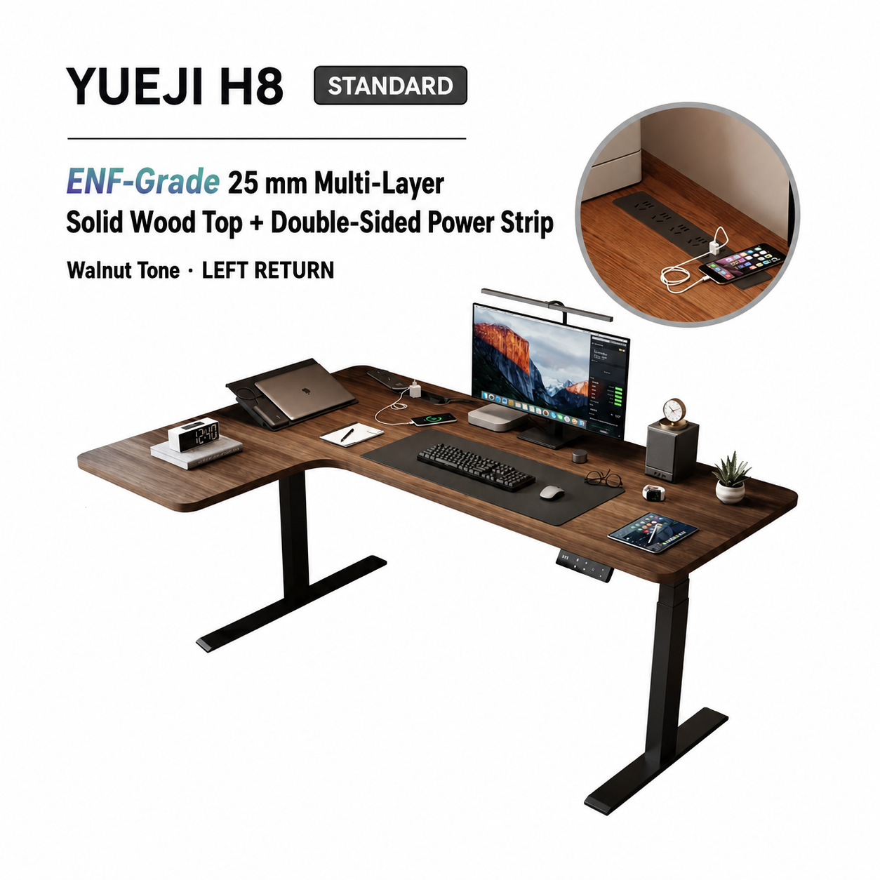 Standard walnut-tone L-shaped standing desk with left return