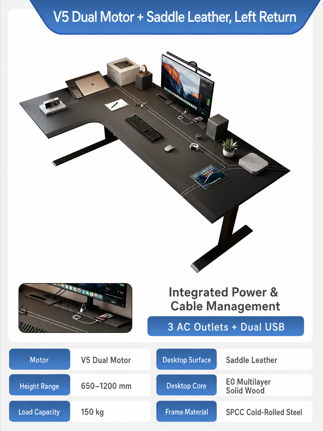 V5 saddle leather L-shaped standing desk left return
