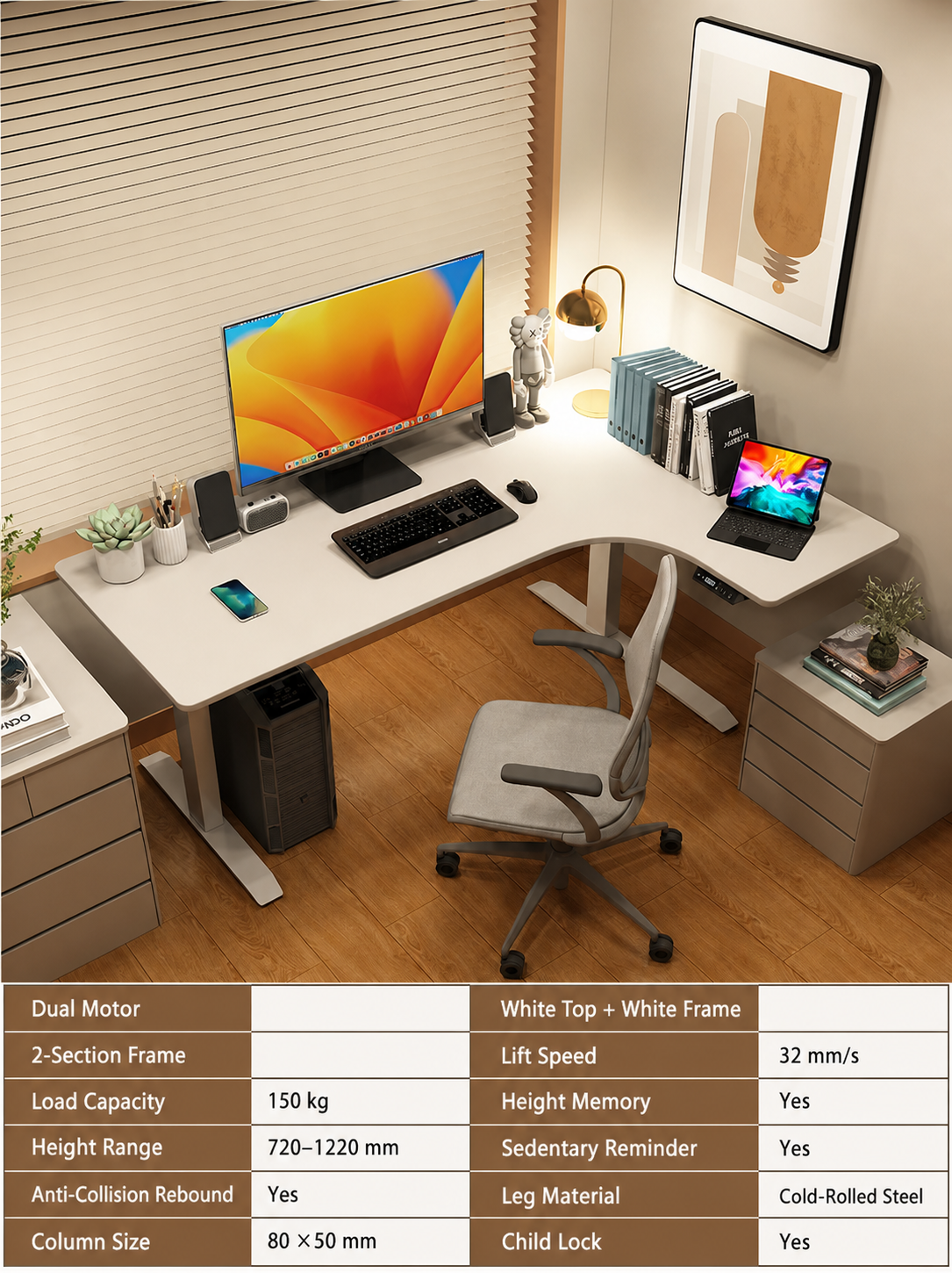 Electric L-Shaped Standing Desk with Left or Right Return - White Top / 180 x 110 cm (70.9 x 43.3 in) / Right Return