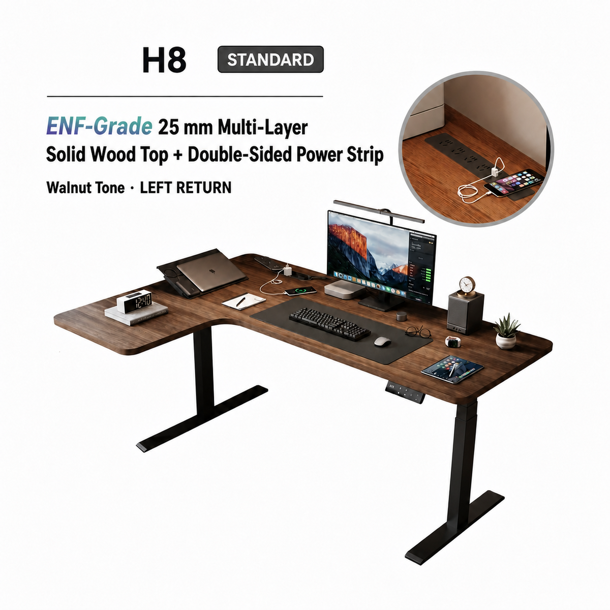 Standard walnut-tone L-shaped standing desk with left return