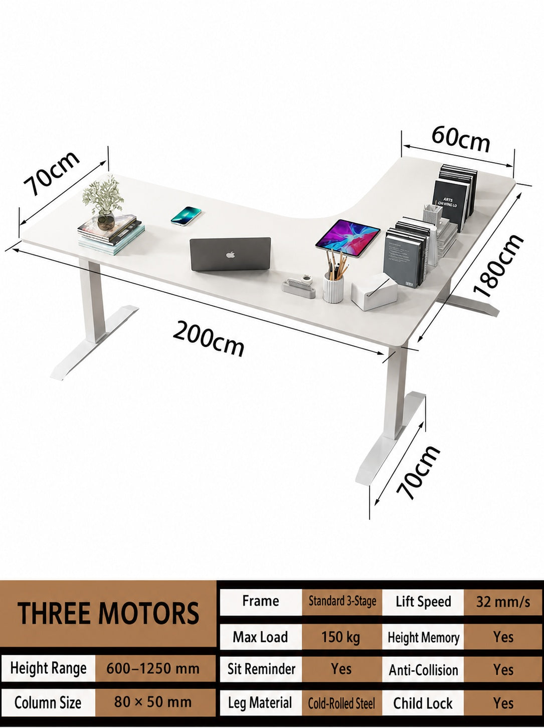 Three-Motor L-Shaped Electric Standing Desk with Left or Right Return - 200 x 180 cm (78.7 x 70.9 in) / Left Return / Joined Top