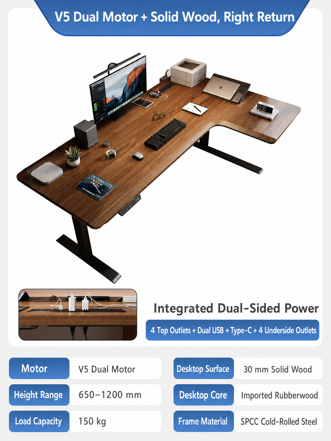 V5 solid wood L-shaped standing desk right return