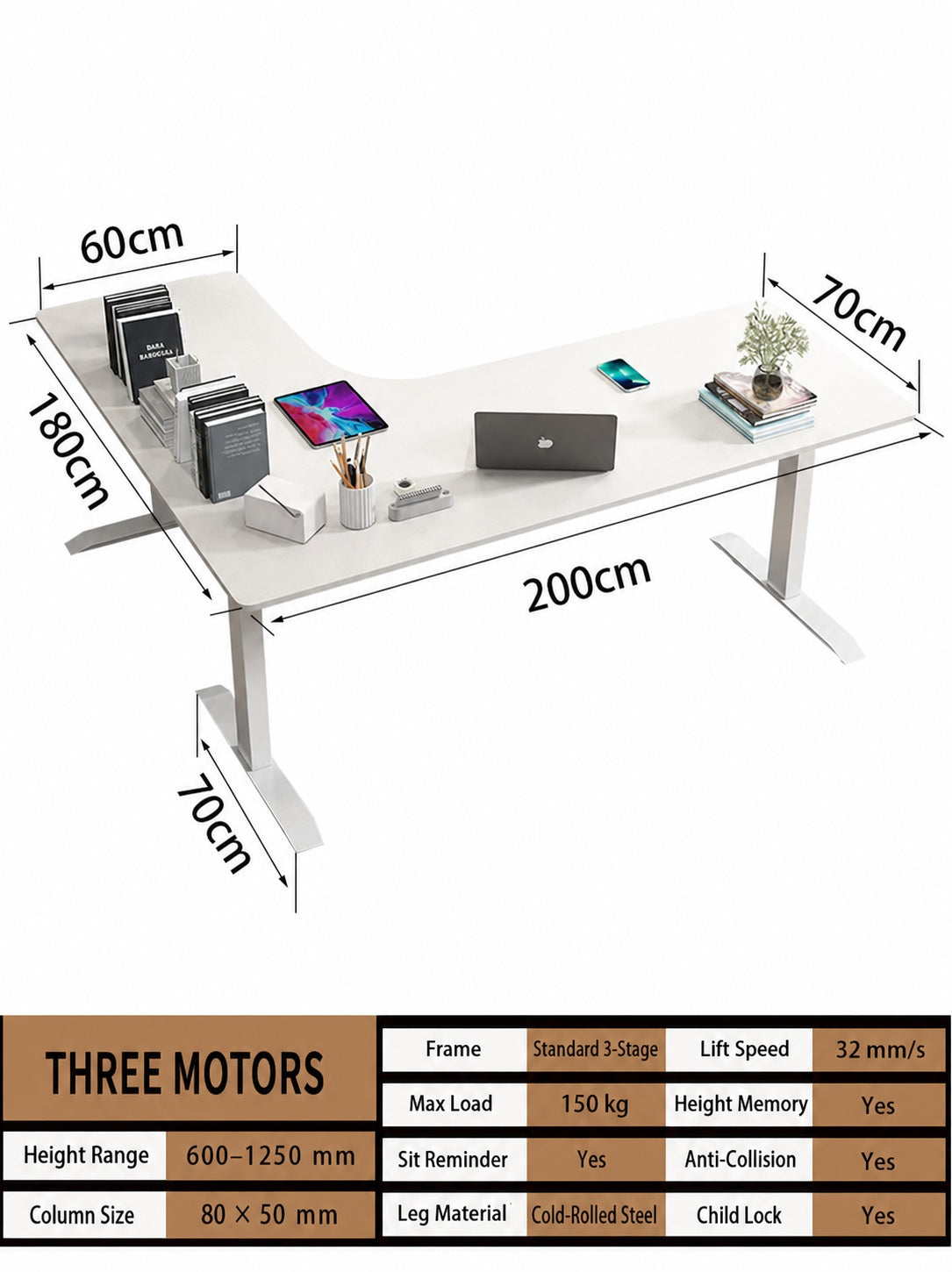 Three-Motor L-Shaped Electric Standing Desk with Left or Right Return - 200 x 180 cm (78.7 x 70.9 in) / Right Return / Joined Top