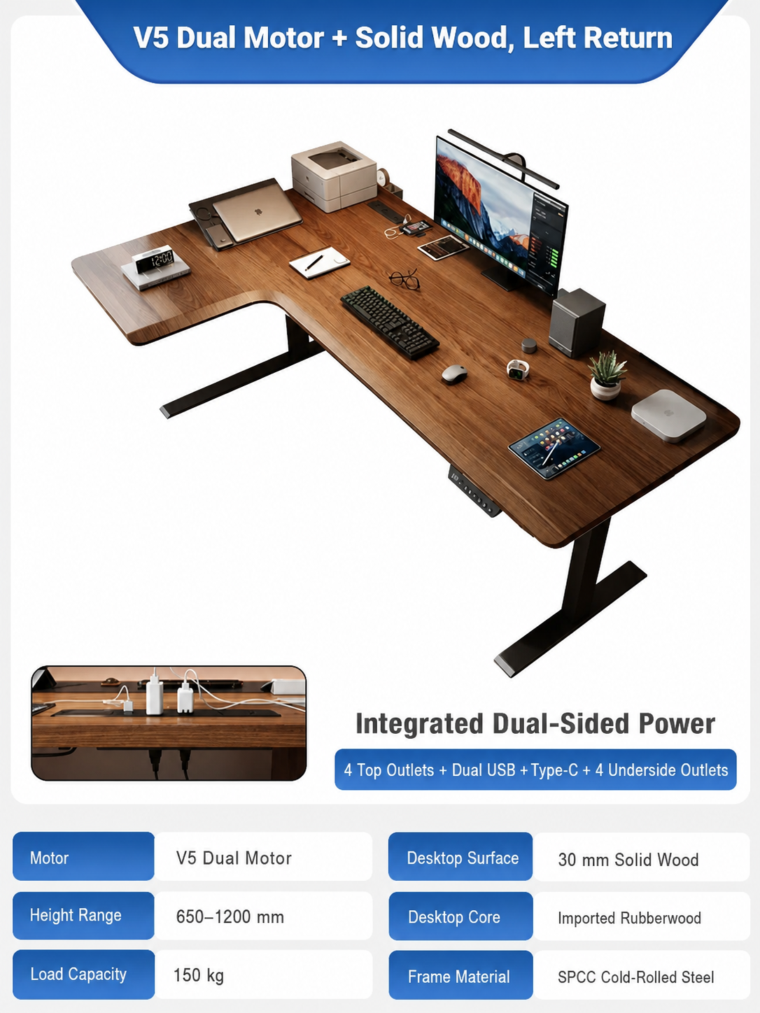 V5 solid wood L-shaped standing desk left return