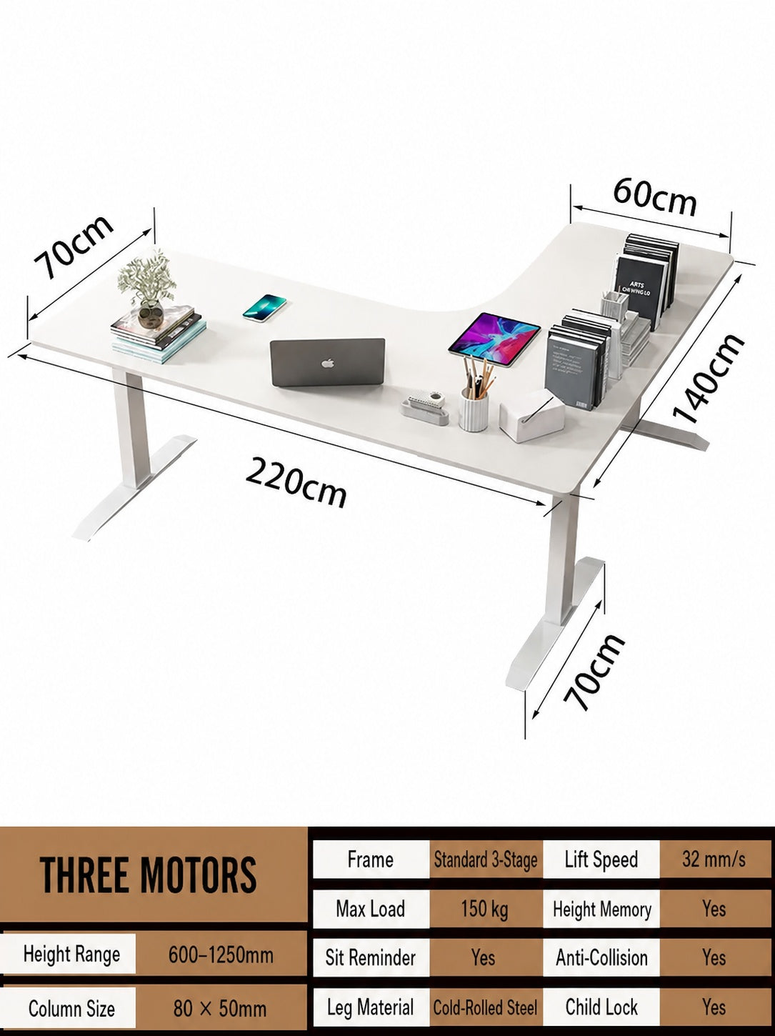 Three-Motor L-Shaped Electric Standing Desk with Left or Right Return - 220 x 140 cm (86.6 x 55.1 in) / Left Return / Joined Top