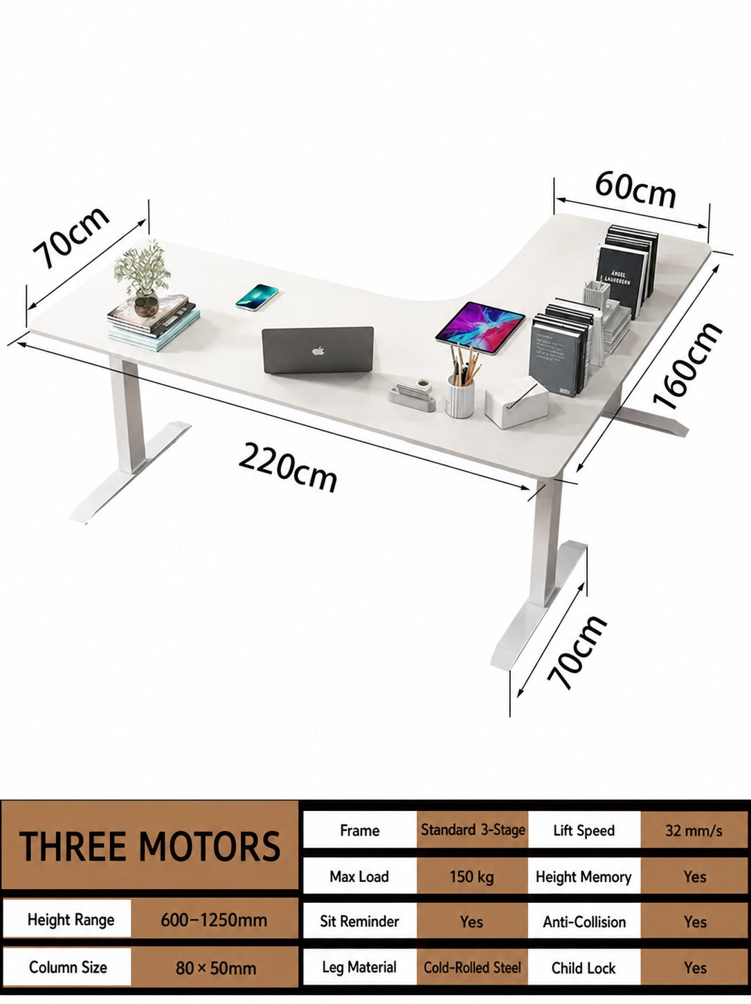 Three-Motor L-Shaped Electric Standing Desk with Left or Right Return - 220 x 160 cm (86.6 x 63.0 in) / Left Return / Joined Top