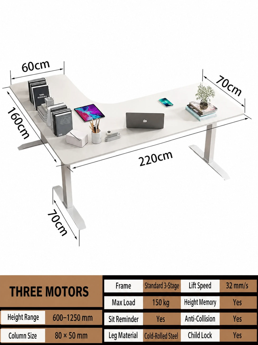 Three-Motor L-Shaped Electric Standing Desk with Left or Right Return - 220 x 160 cm (86.6 x 63.0 in) / Right Return / Joined Top