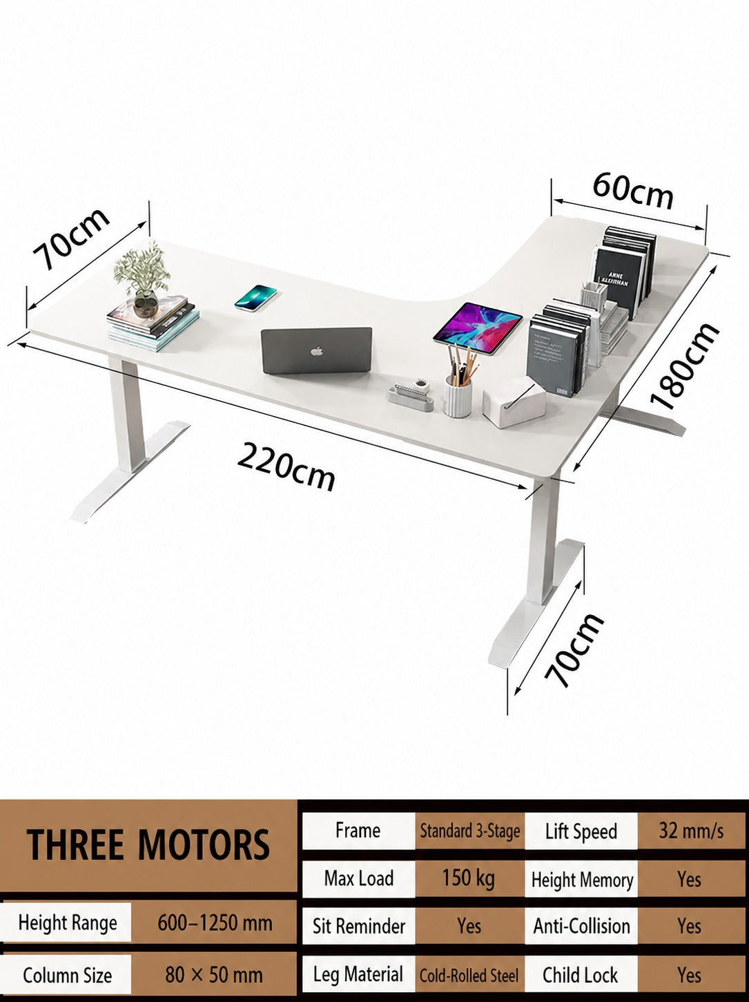 Three-Motor L-Shaped Electric Standing Desk with Left or Right Return - 220 x 180 cm (86.6 x 70.9 in) / Left Return / Joined Top