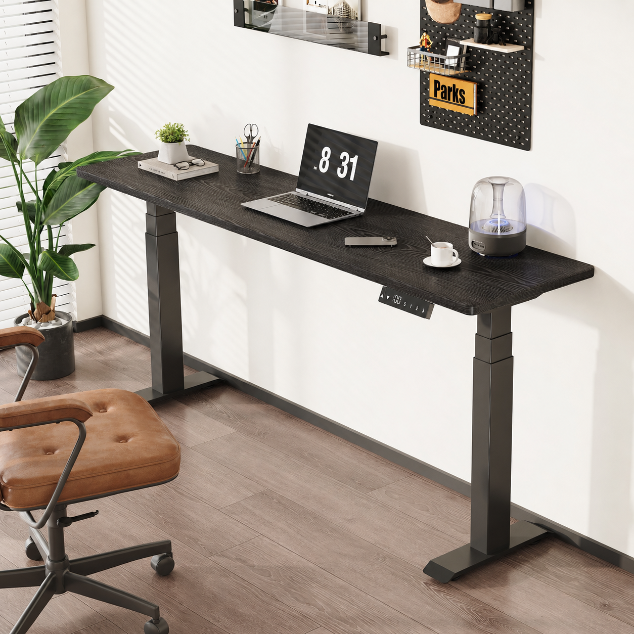 Narrow Solid Wood Dual-Motor Standing Desk with black-finished North American red oak desktop
