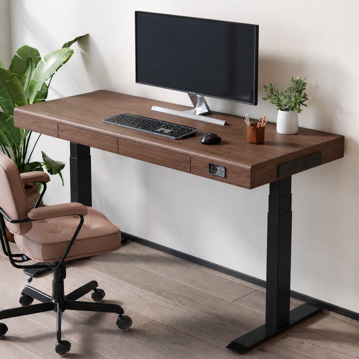 Solid Wood Dual-Motor Standing Desk with Drawers and Side Power in North American black walnut