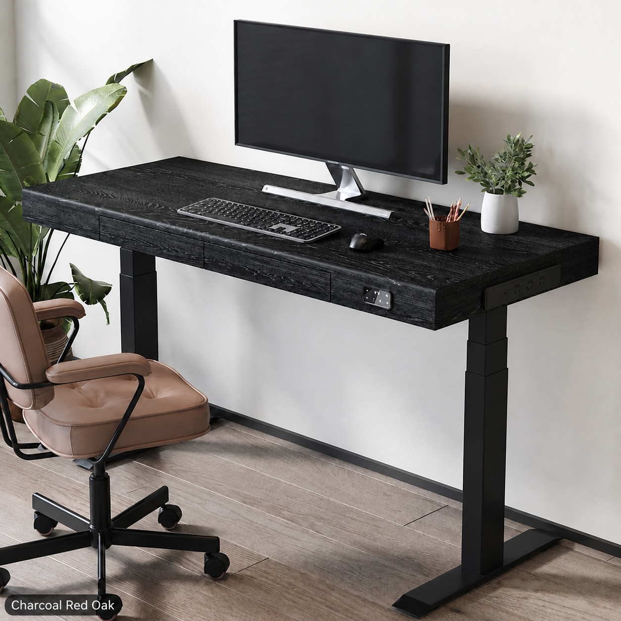 Solid Wood Dual-Motor Standing Desk with Drawers and Side Power in charcoal North American red oak