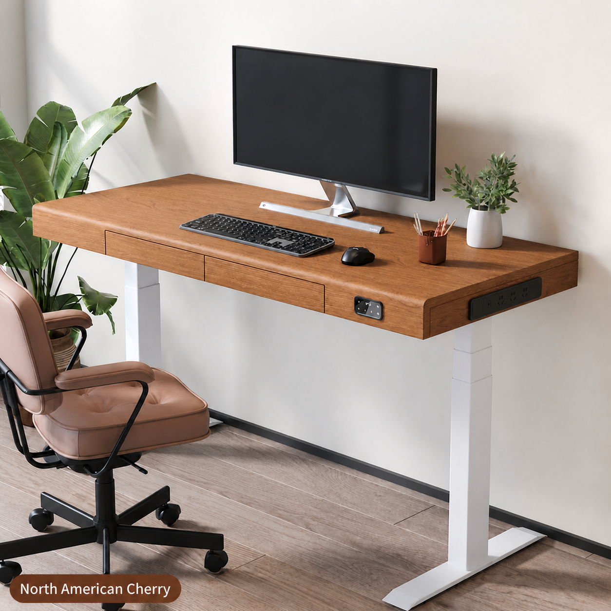 Solid Wood Dual-Motor Standing Desk with Drawers and Side Power in North American cherry