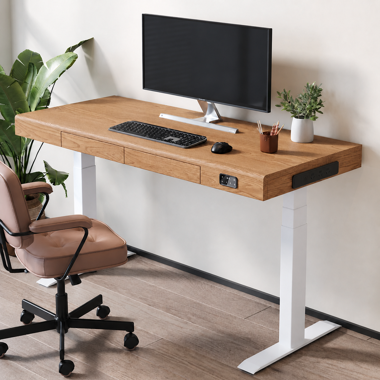 Solid Wood Dual-Motor Standing Desk with Drawers and Side Power in natural North American red oak