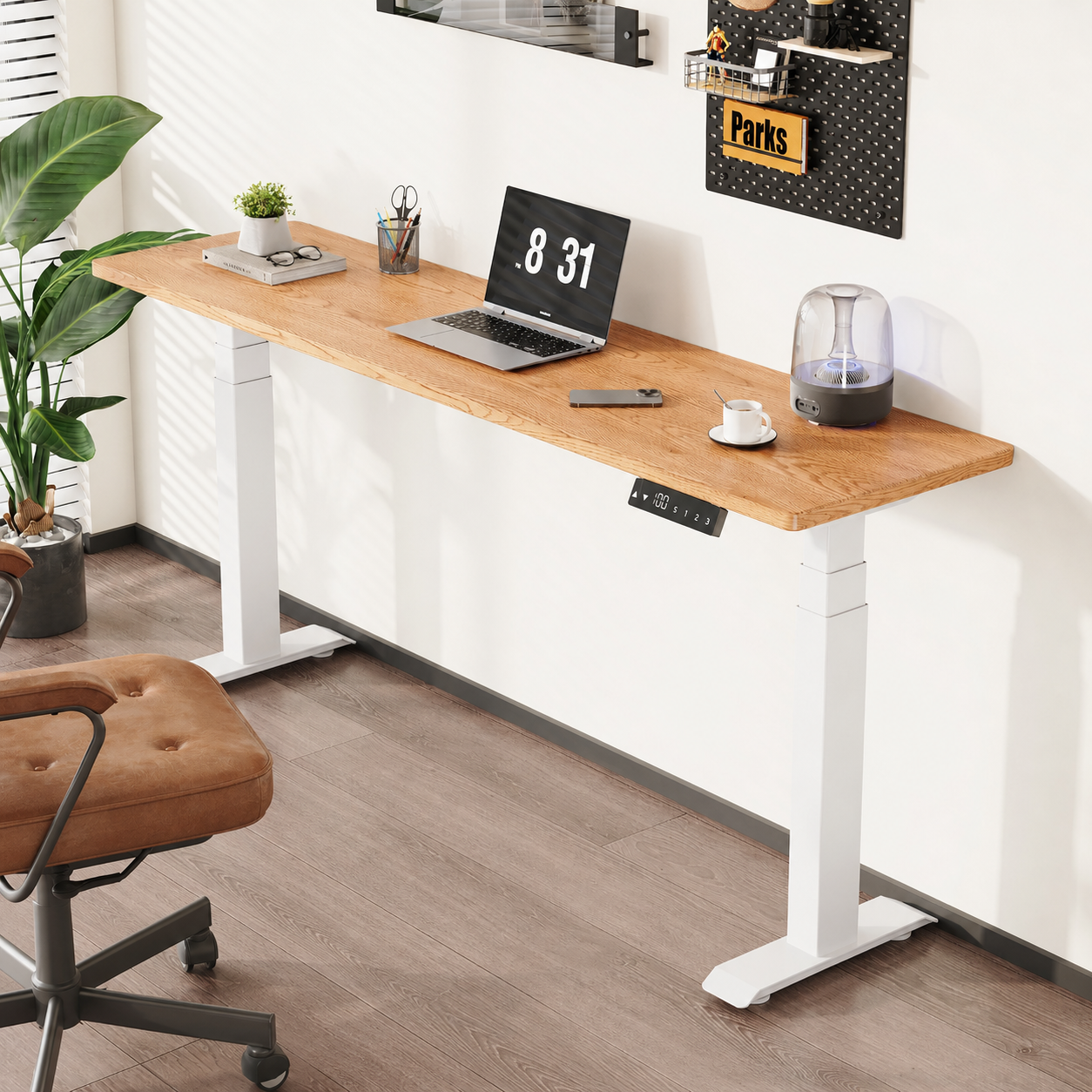 Narrow Solid Wood Dual-Motor Standing Desk with natural North American red oak desktop