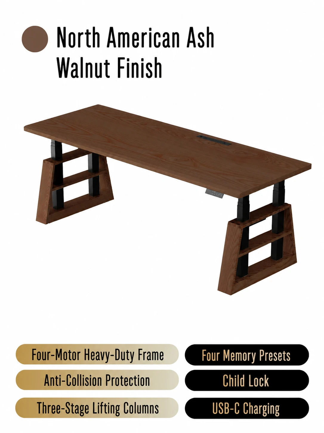 North American ash four-motor standing desk with walnut finish