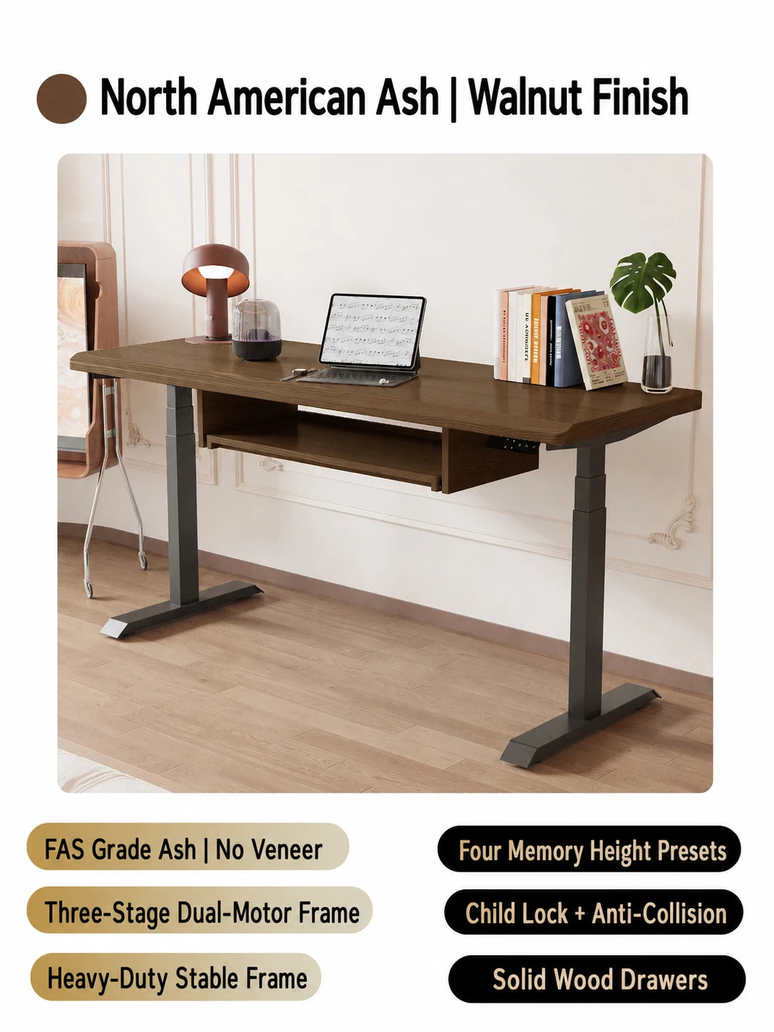 North American ash standing desk with walnut finish and keyboard tray