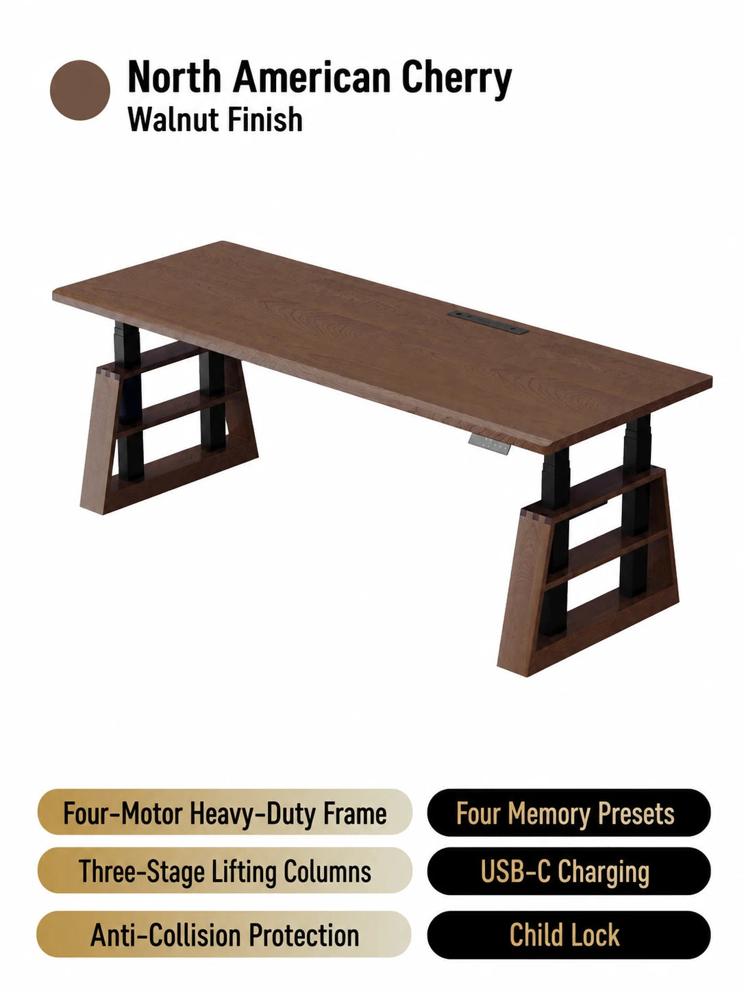 North American cherry four-motor standing desk with walnut finish