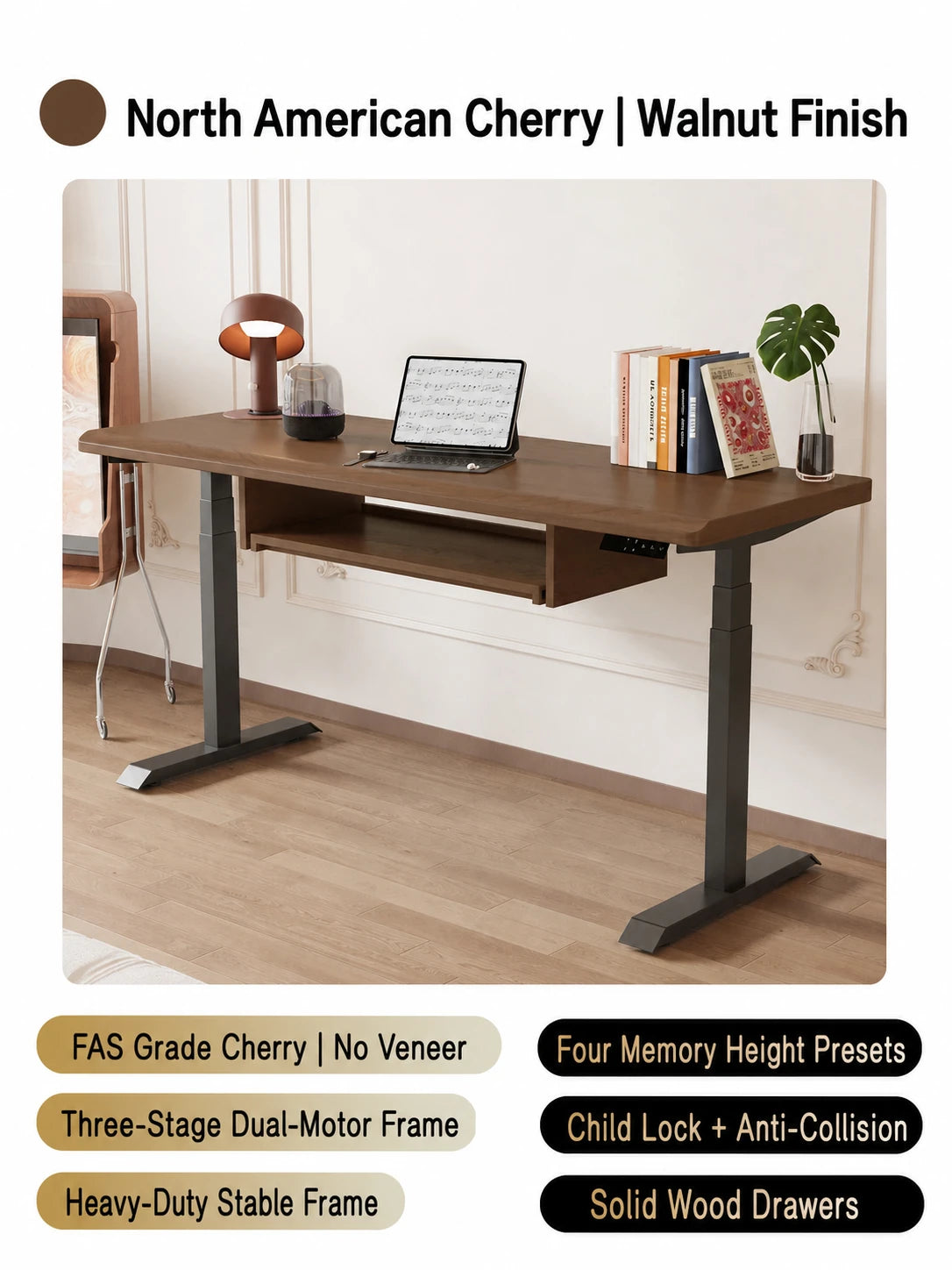 North American cherry standing desk with walnut finish and keyboard tray