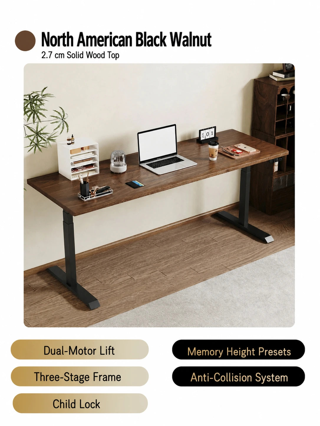 North American walnut dual-motor electric standing desk with three-stage frame