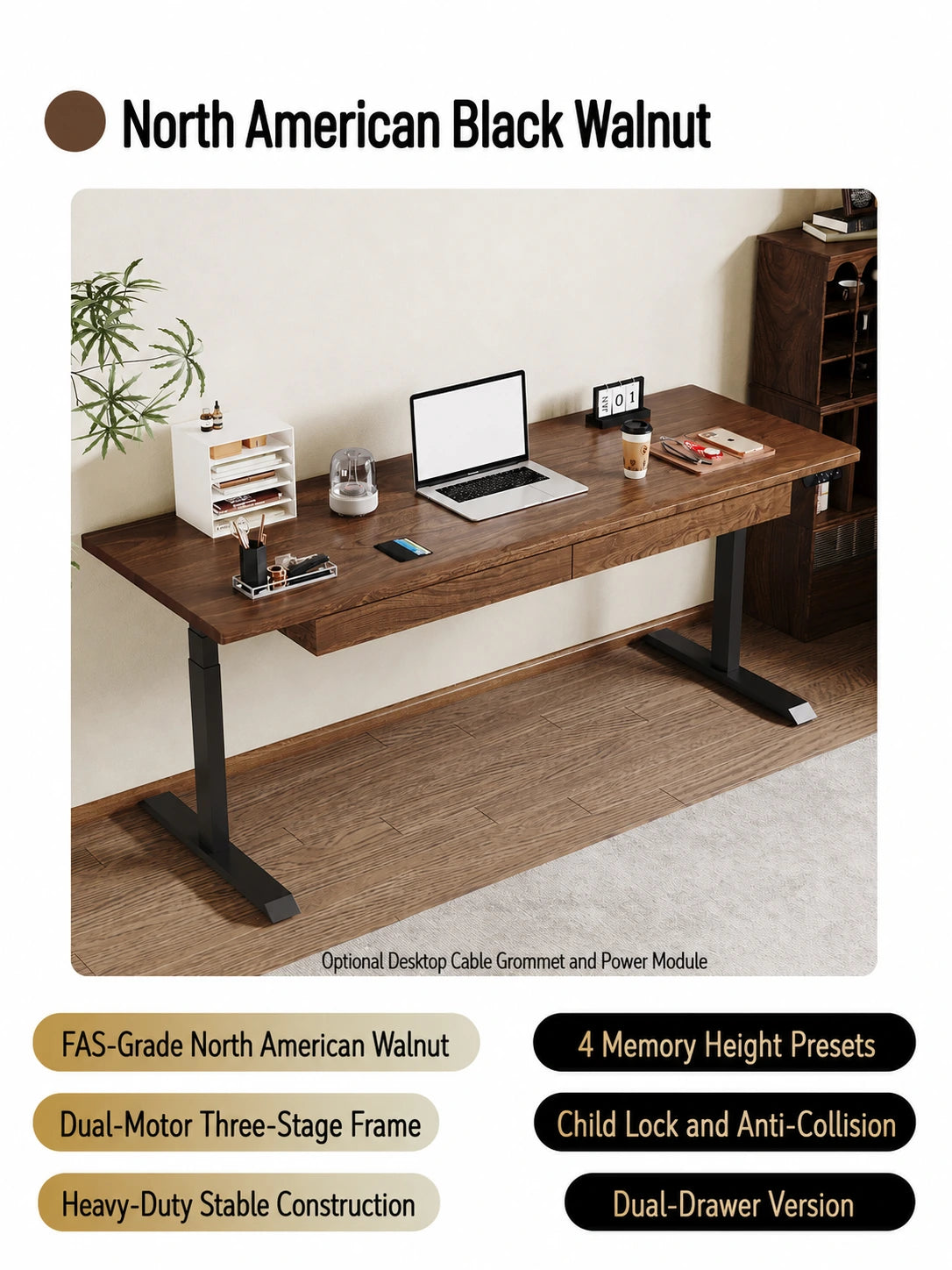 North American walnut electric standing desk with integrated dual drawers