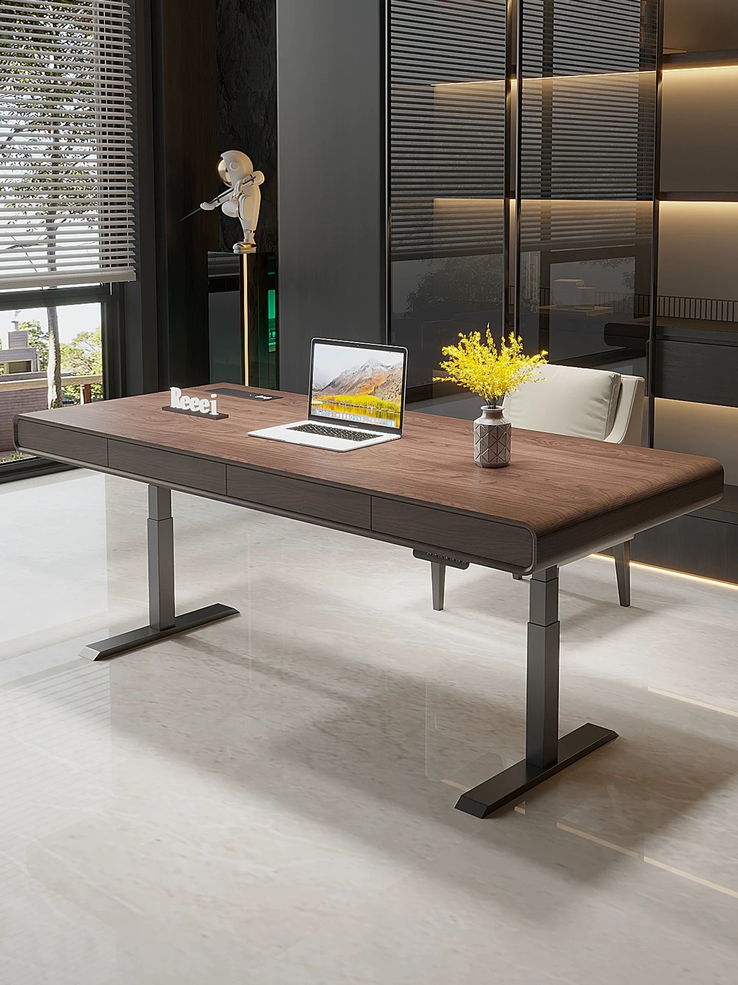 walnut electric standing desk in a modern office