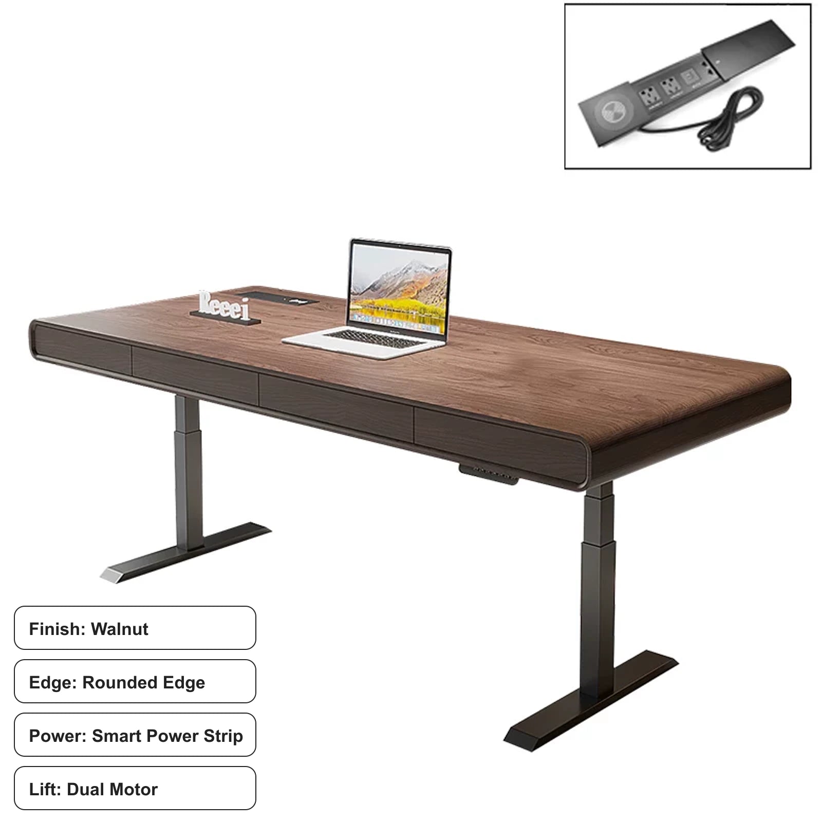 walnut electric standing desk, rounded edge, smart power strip