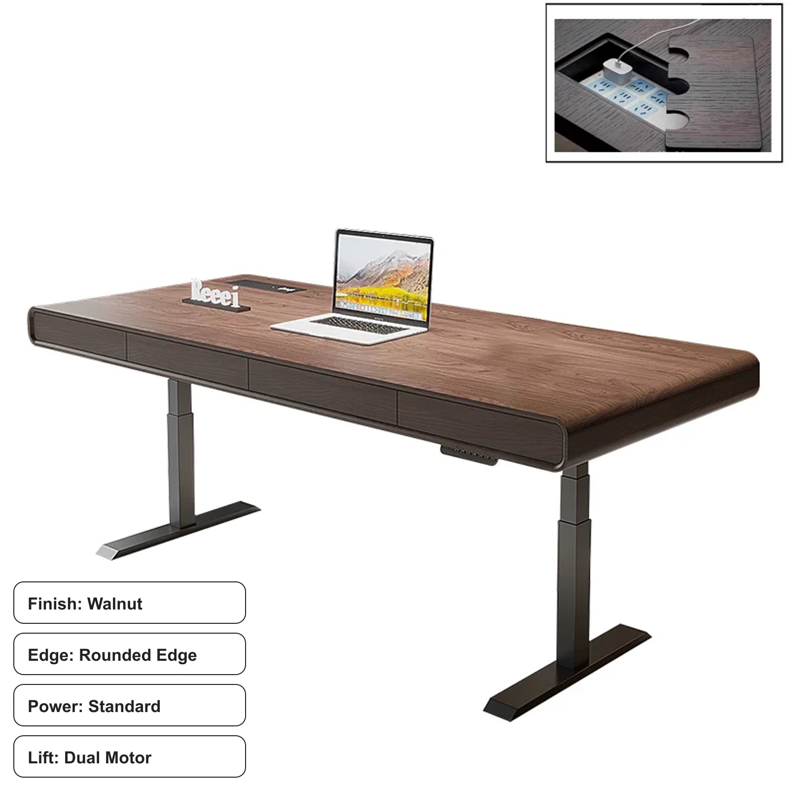 walnut electric standing desk, rounded edge, standard